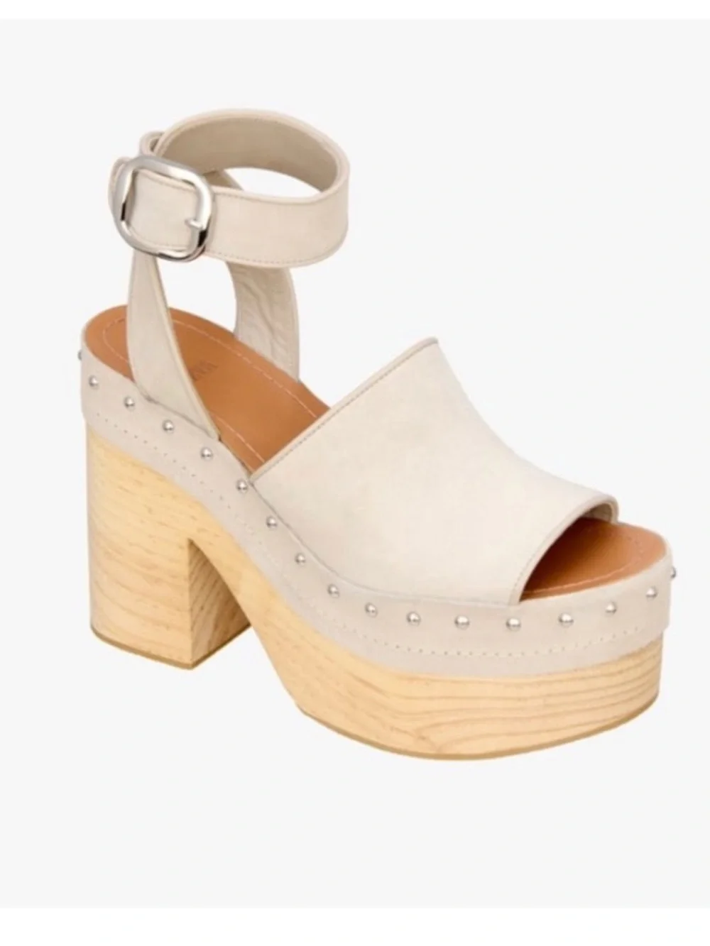 Zara Cream/ Tan Suede Leather Studded Platform Sandal with Wood Block Heel